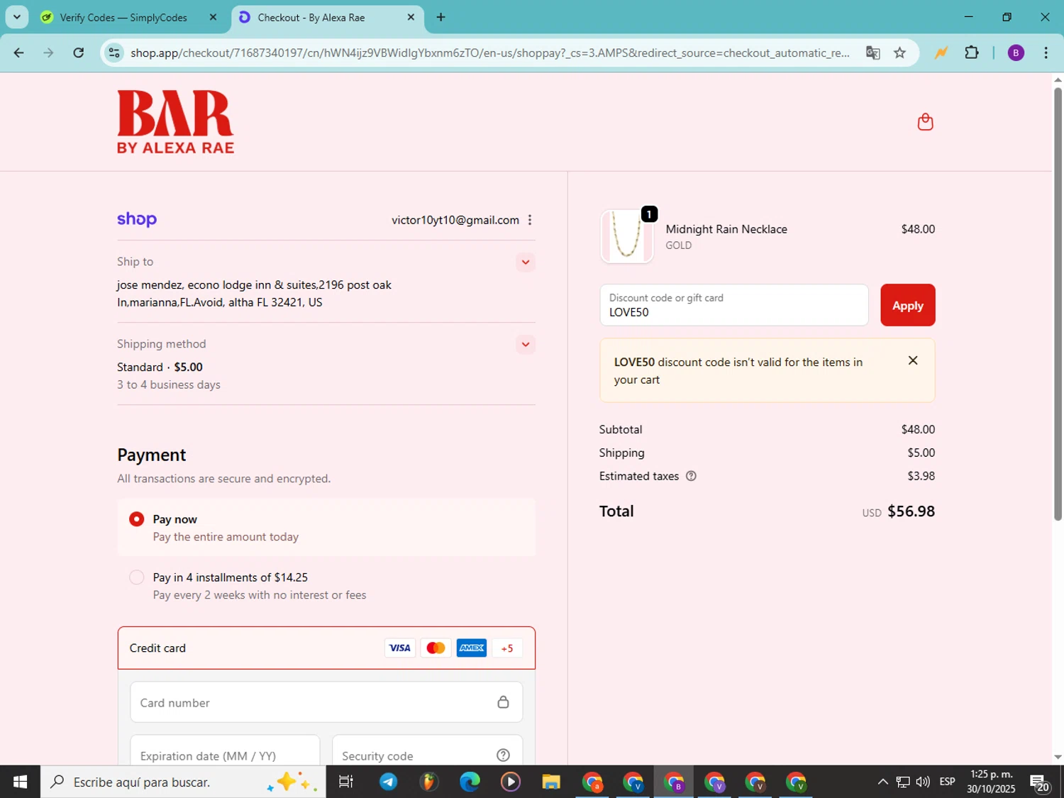 By Alexa Rae Boutique promo code screenshot showing code LOVE50 applied at By Alexa Rae Boutique checkout page. Uploaded by SimplyCodes community member Soyvictor on Oct 30, 2025