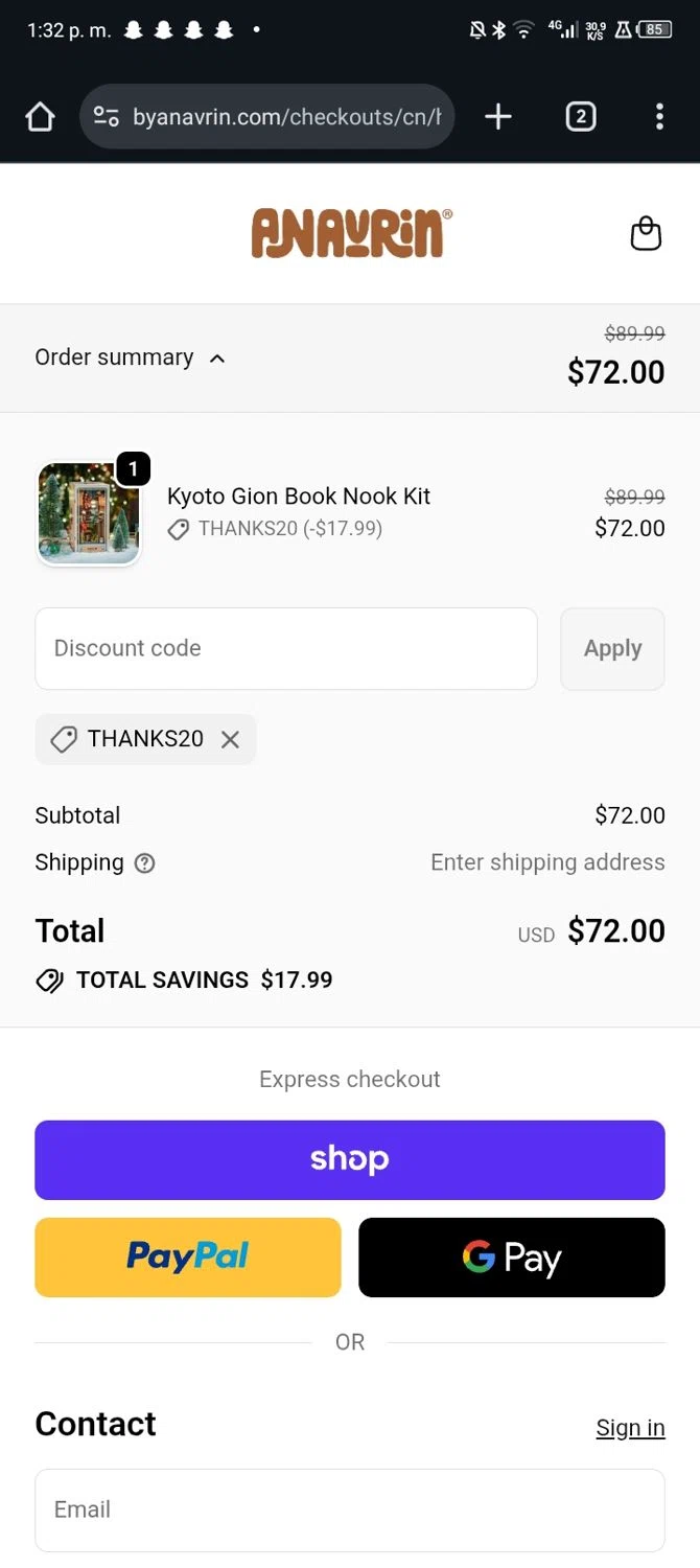 ByAnavrin discount code screenshot showing code THANKS20 applied at ByAnavrin checkout page. Uploaded by SimplyCodes community member Nickurtdale on Dec 14, 2025