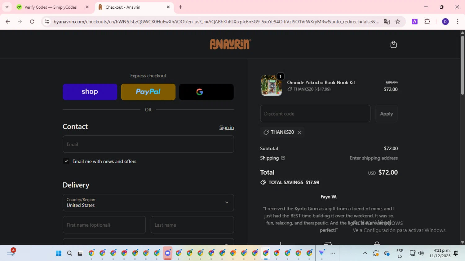 ByAnavrin discount code screenshot showing code THANKS20 applied at ByAnavrin checkout page. Uploaded by SimplyCodes community member WonderLion2890 on Dec 11, 2025