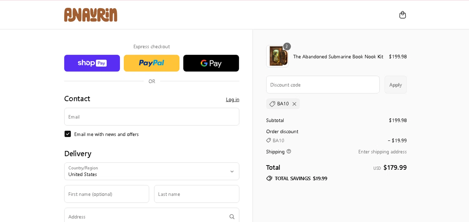 ByAnavrin discount code screenshot showing code BA10 applied at ByAnavrin checkout page. Uploaded by SimplyCodes community member CashAce9852 on Aug 21, 2025