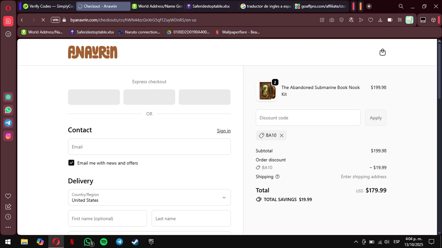 ByAnavrin discount code screenshot showing code BA10 applied at ByAnavrin checkout page. Uploaded by SimplyCodes community member MimusukyNara on Oct 13, 2025