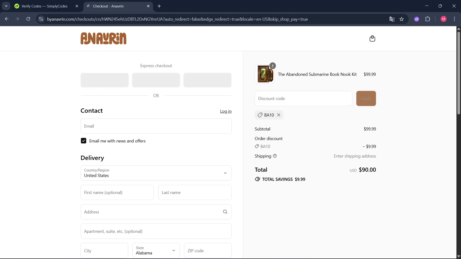 ByAnavrin discount code screenshot showing code BA10 applied at ByAnavrin checkout page. Uploaded by SimplyCodes community member ValueCollector4159 on Aug 21, 2025