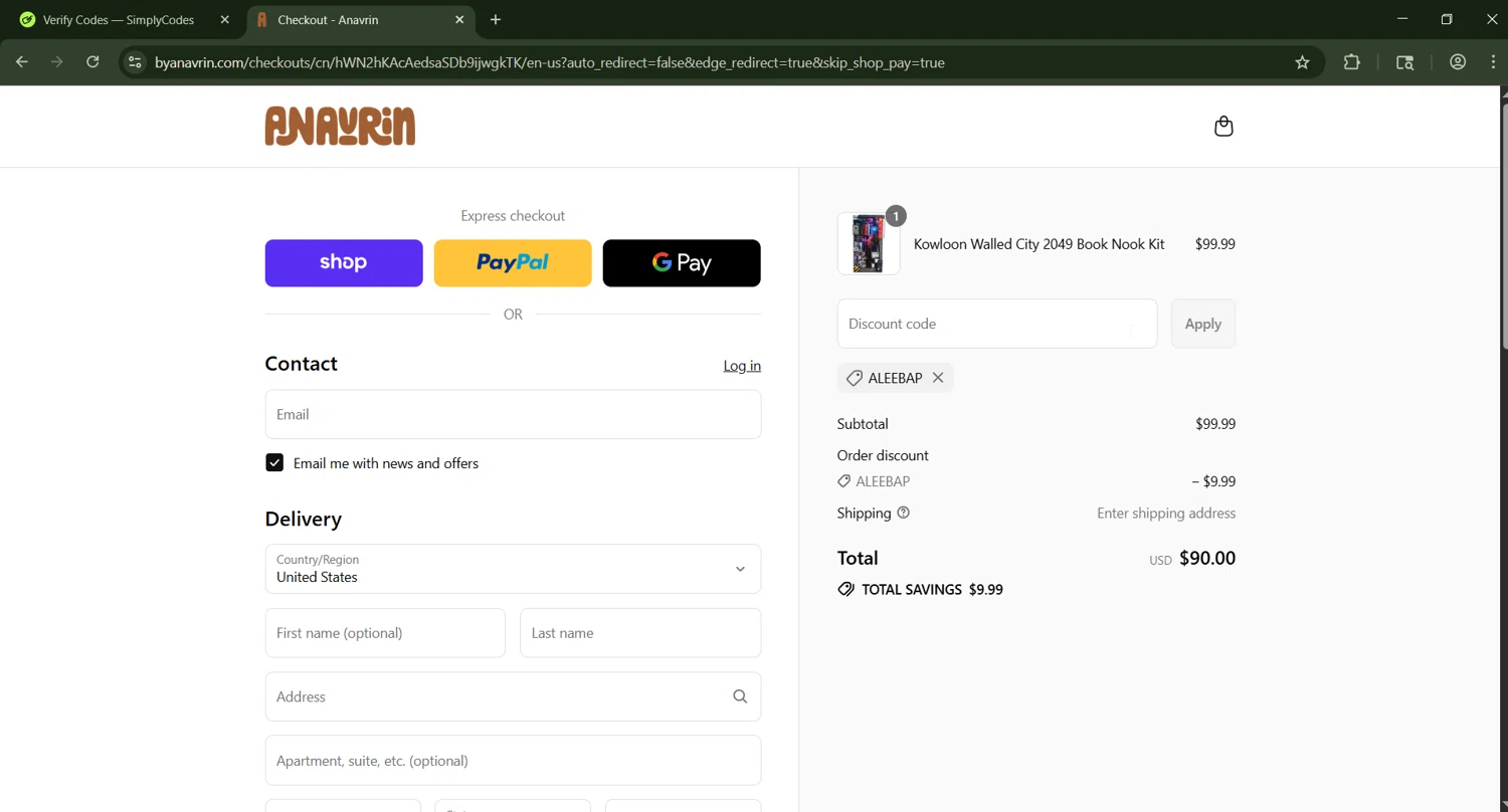 ByAnavrin discount code screenshot showing code ALEEBAP applied at ByAnavrin checkout page. Uploaded by SimplyCodes community member CashWizard4502 on Sep 7, 2025