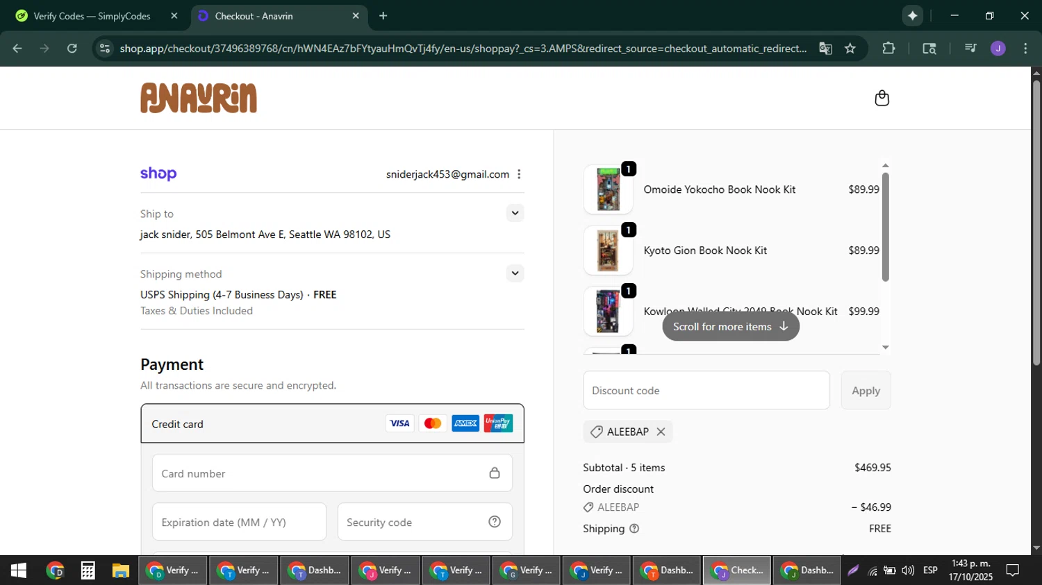 ByAnavrin discount code screenshot showing code ALEEBAP applied at ByAnavrin checkout page. Uploaded by SimplyCodes community member sniderjack453 on Oct 17, 2025