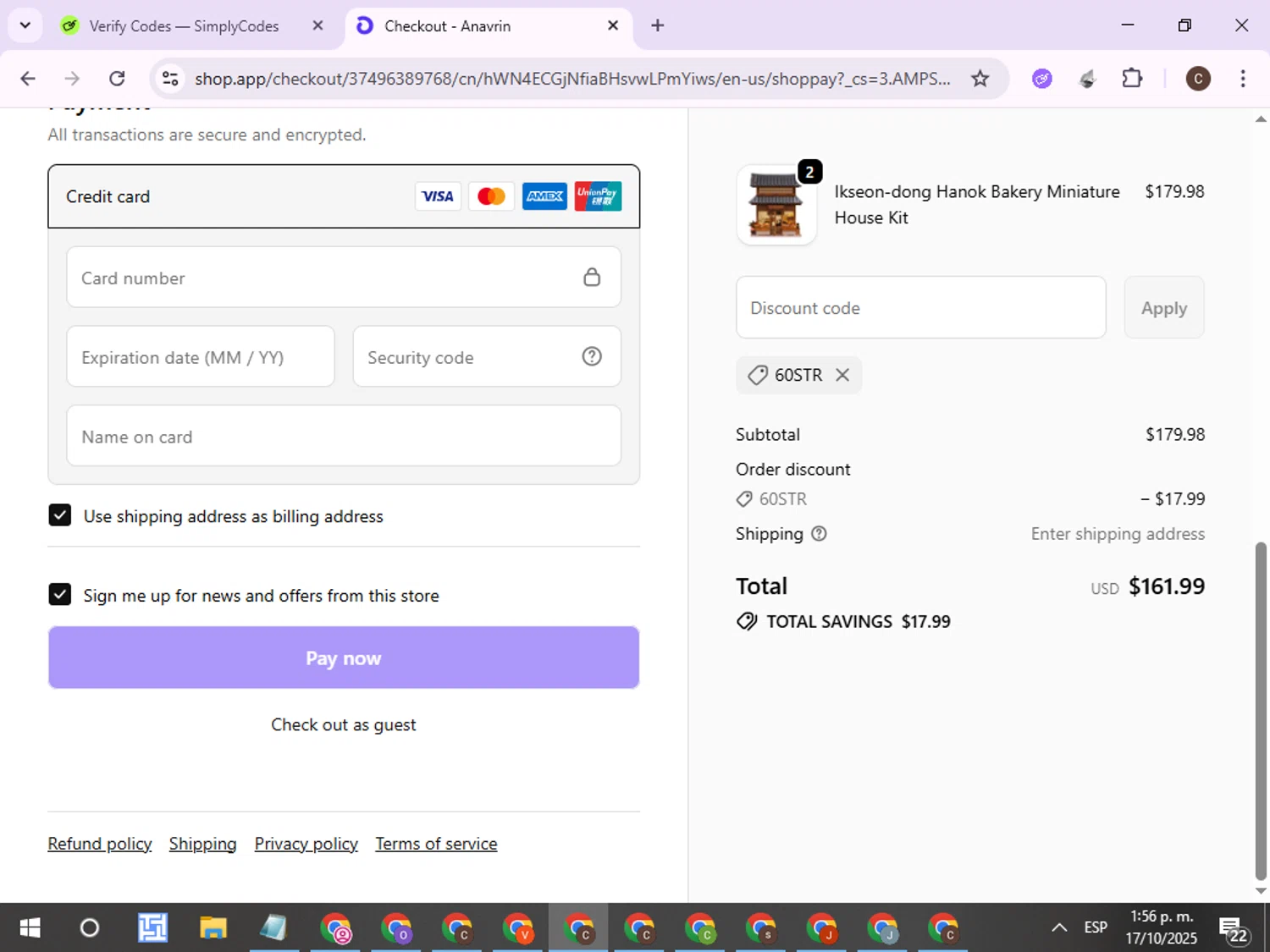 ByAnavrin discount code screenshot showing code 60STR applied at ByAnavrin checkout page. Uploaded by SimplyCodes community member ExtraordinaryPro8536 on Oct 17, 2025