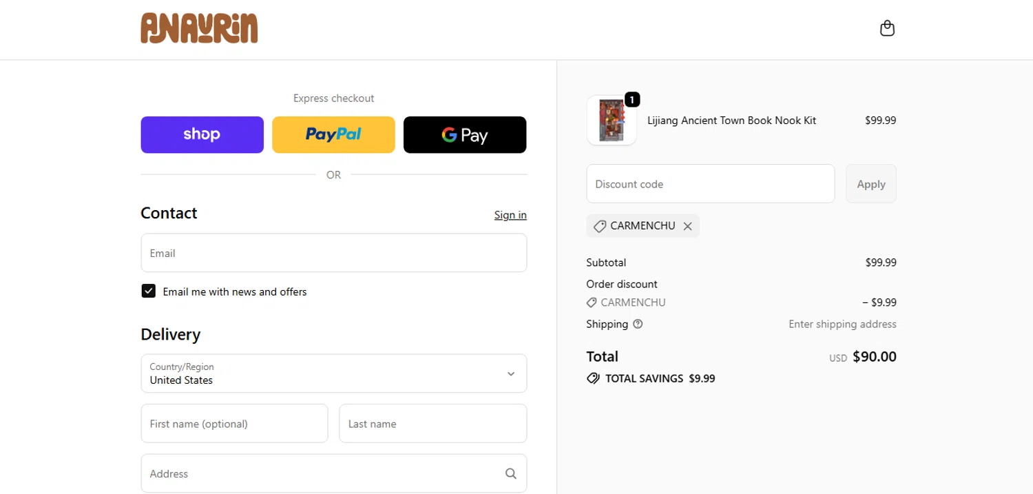 ByAnavrin discount code screenshot showing code CARMENCHU applied at ByAnavrin checkout page. Uploaded by SimplyCodes community member MoneyHunter5624 on Oct 22, 2025