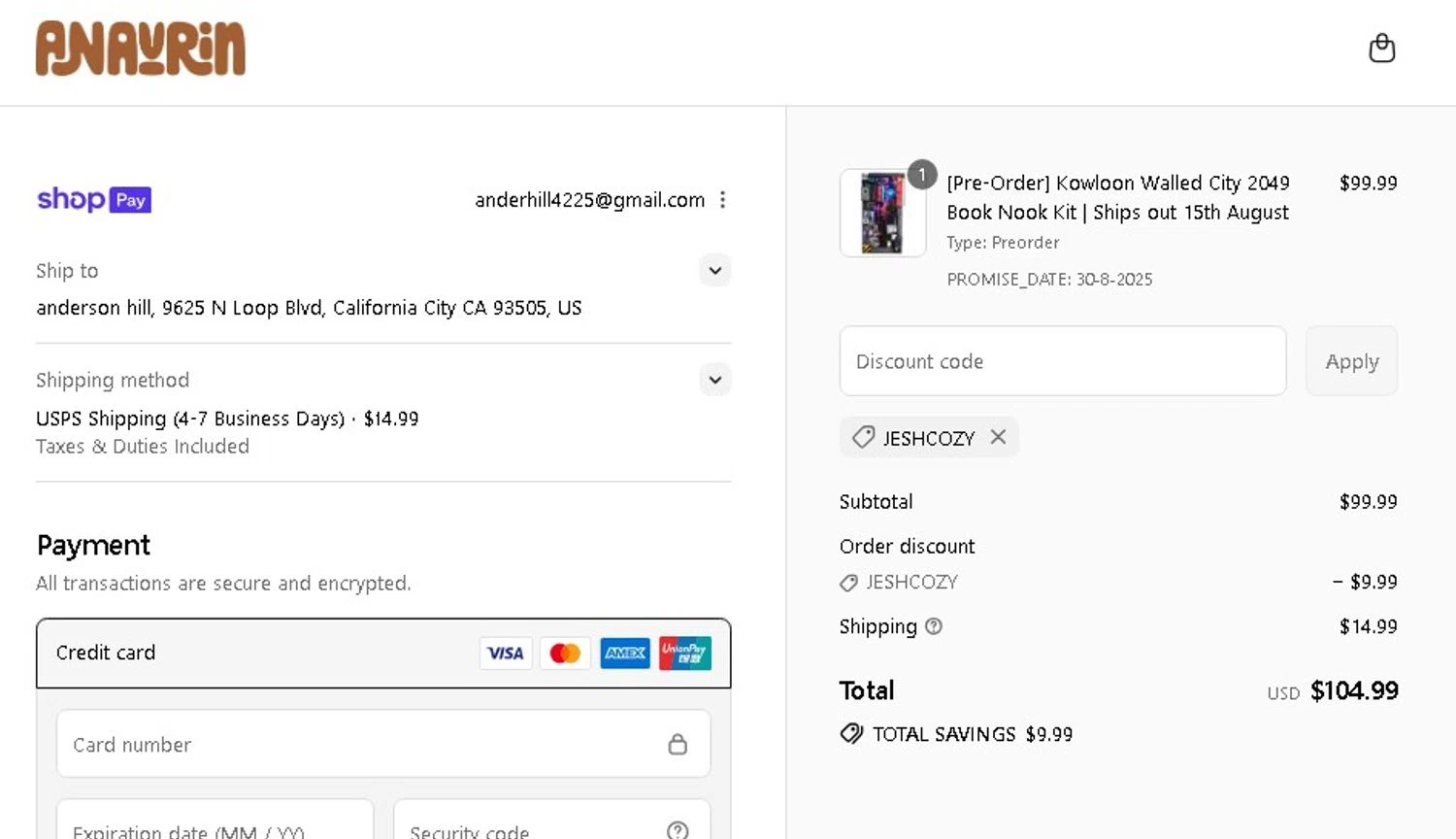 ByAnavrin discount code screenshot showing code CARMENCHU applied at ByAnavrin checkout page. Uploaded by SimplyCodes community member Elcompa on Jul 23, 2025