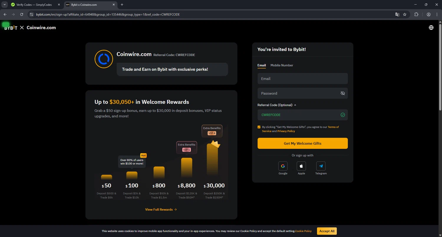 Bybit promo code screenshot showing code CWREFCODE applied at Bybit checkout page. Uploaded by SimplyCodes community member usercod909090 on Apr 2, 2025