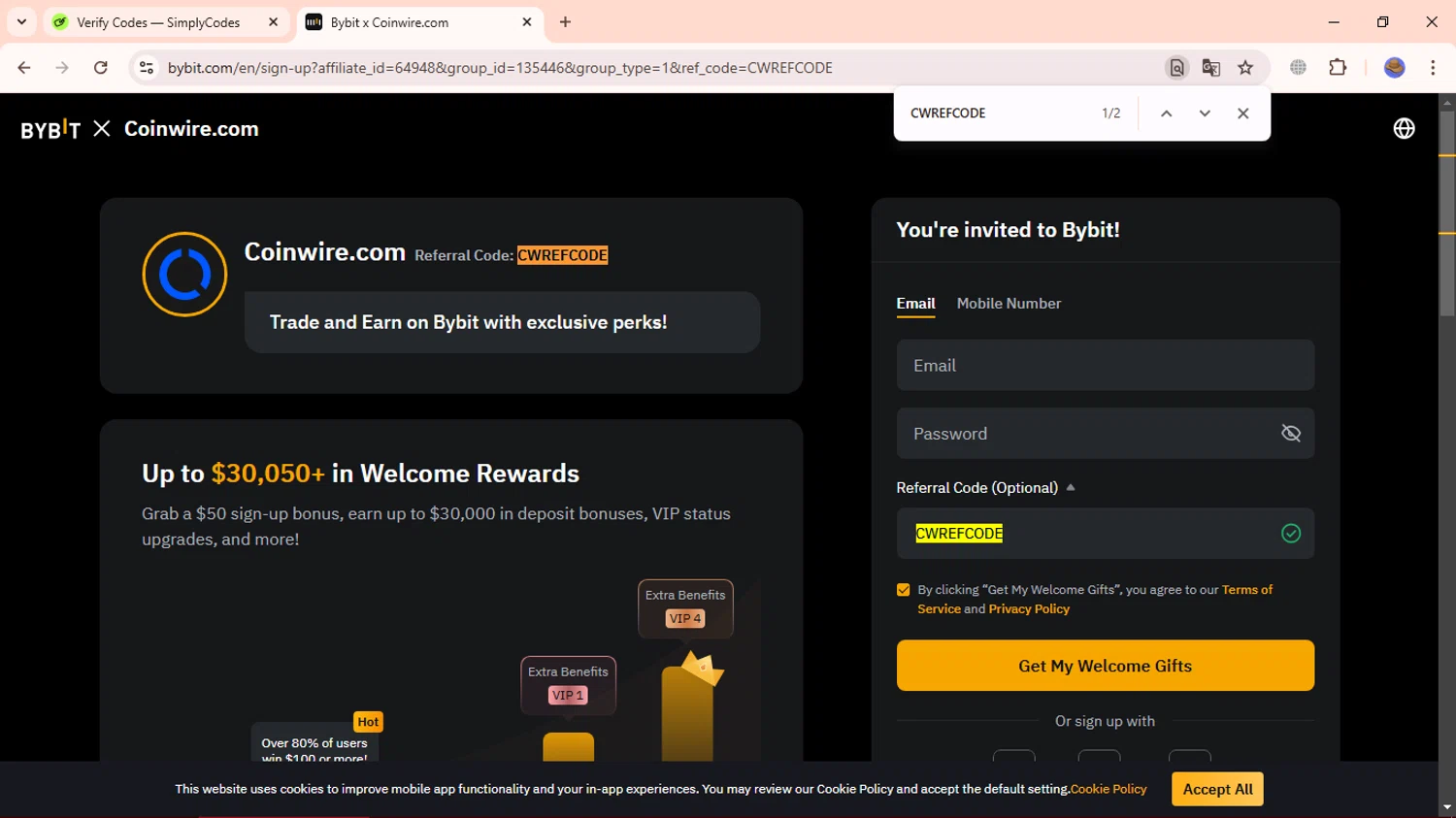 Bybit promo code screenshot showing code CWREFCODE applied at Bybit checkout page. Uploaded by SimplyCodes community member ExtraordinaryBoss3426 on Mar 4, 2025
