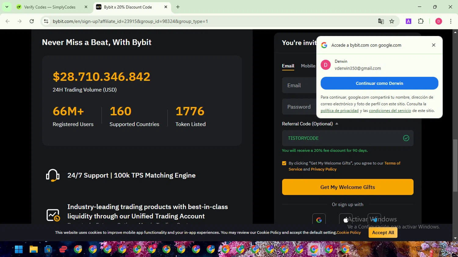 Bybit promo code screenshot showing code TISTORYCODE applied at Bybit checkout page. Uploaded by SimplyCodes community member WiseAdmiral7334 on Mar 6, 2025