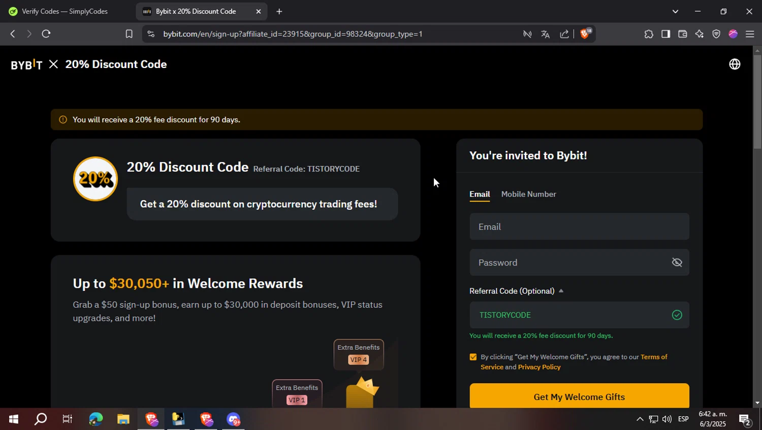 Bybit promo code screenshot showing code TISTORYCODE applied at Bybit checkout page. Uploaded by SimplyCodes community member FrugalFalcon7577 on Mar 6, 2025