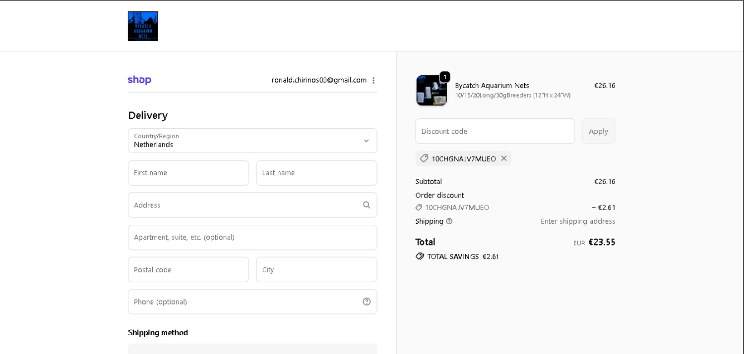 Bycatch Aquarium Nets promo code screenshot showing code 10CHGNAJV7MUEO applied at Bycatch Aquarium Nets checkout page. Uploaded by SimplyCodes community member CleverGenius9882 on Jan 11, 2026