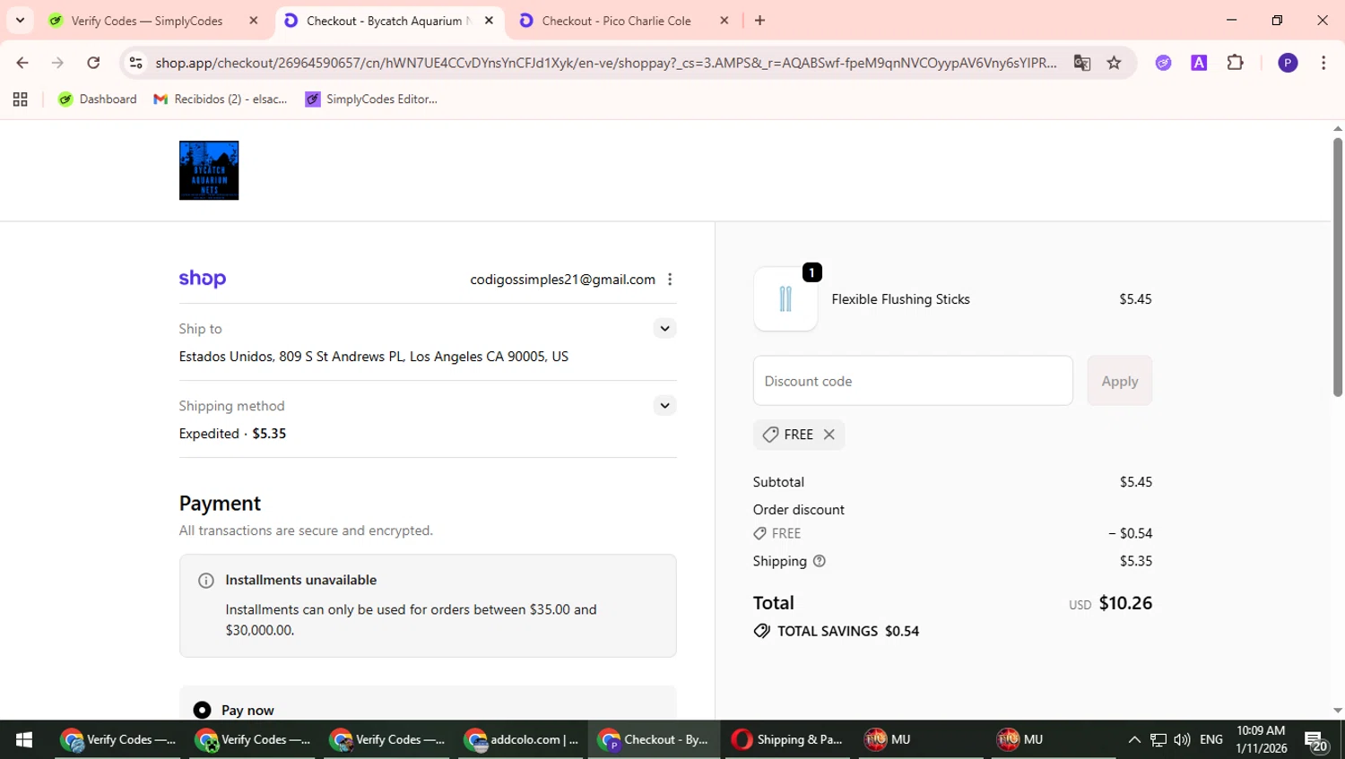 Bycatch Aquarium Nets promo code screenshot showing code FREE applied at Bycatch Aquarium Nets checkout page. Uploaded by SimplyCodes community member TrevorPhilips on Jan 11, 2026