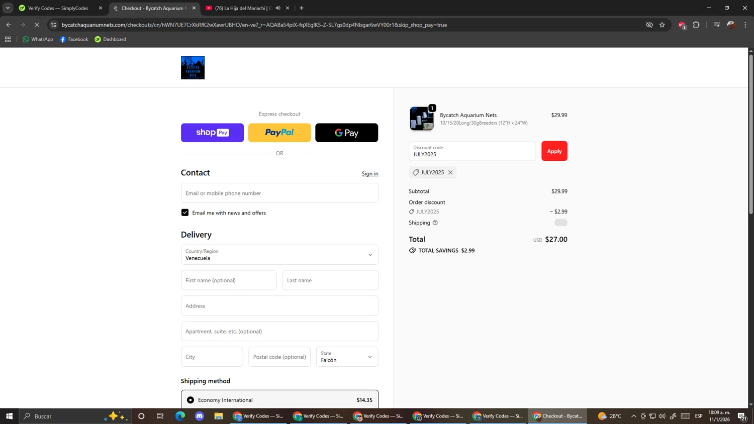Bycatch Aquarium Nets promo code screenshot showing code JULY2025 applied at Bycatch Aquarium Nets checkout page. Uploaded by SimplyCodes community member ScanShopper554 on Jan 11, 2026