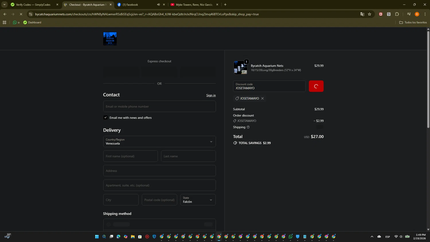Bycatch Aquarium Nets promo code screenshot showing code JOSETAMAYO applied at Bycatch Aquarium Nets checkout page. Uploaded by SimplyCodes community member PromoTitan1625 on Feb 19, 2026