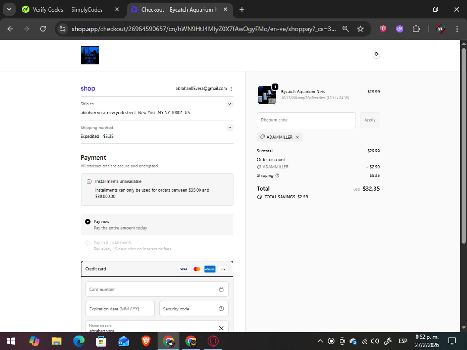 Bycatch Aquarium Nets promo code screenshot showing code ADAMMILLER applied at Bycatch Aquarium Nets checkout page. Uploaded by SimplyCodes community member TreasureAdmiral6867 on Feb 28, 2026