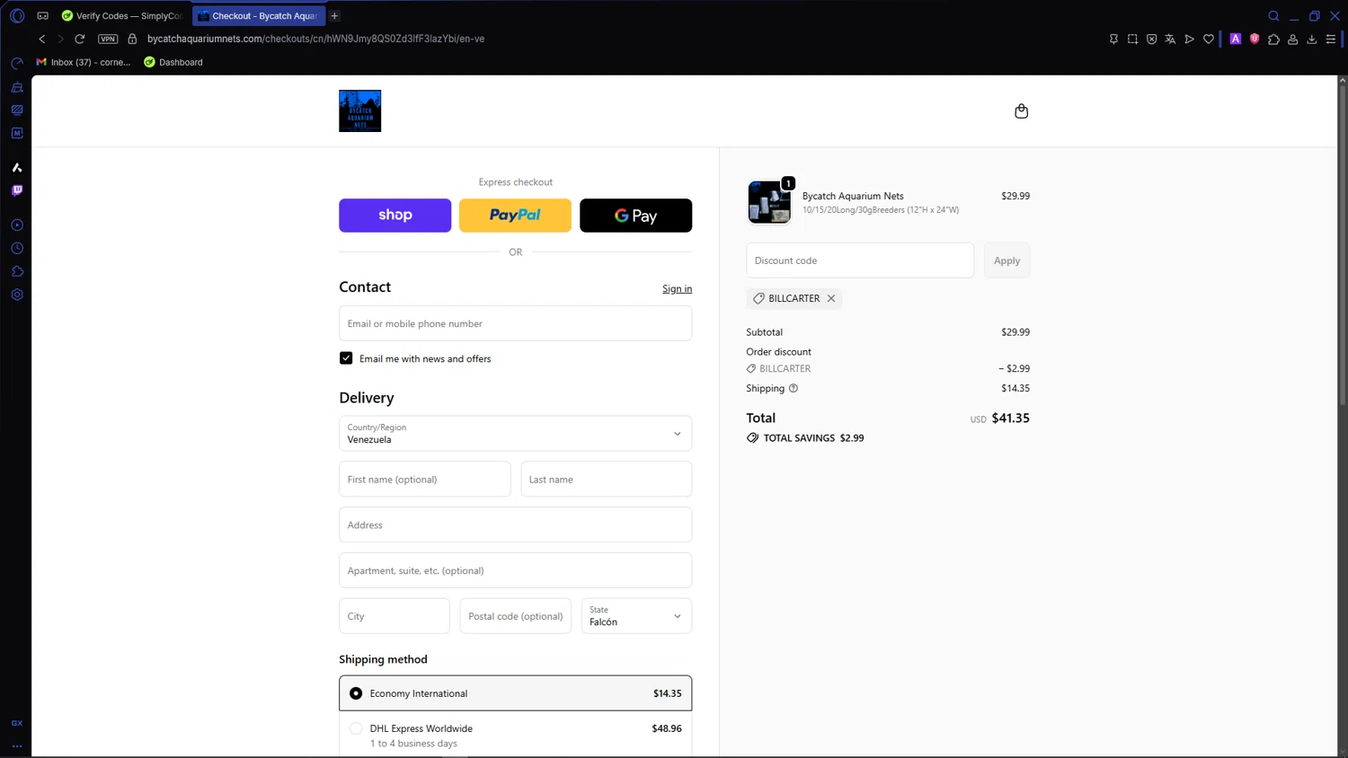 Bycatch Aquarium Nets promo code screenshot showing code BILLCARTER applied at Bycatch Aquarium Nets checkout page. Uploaded by SimplyCodes community member VictoriousCaptain3902 on Feb 28, 2026