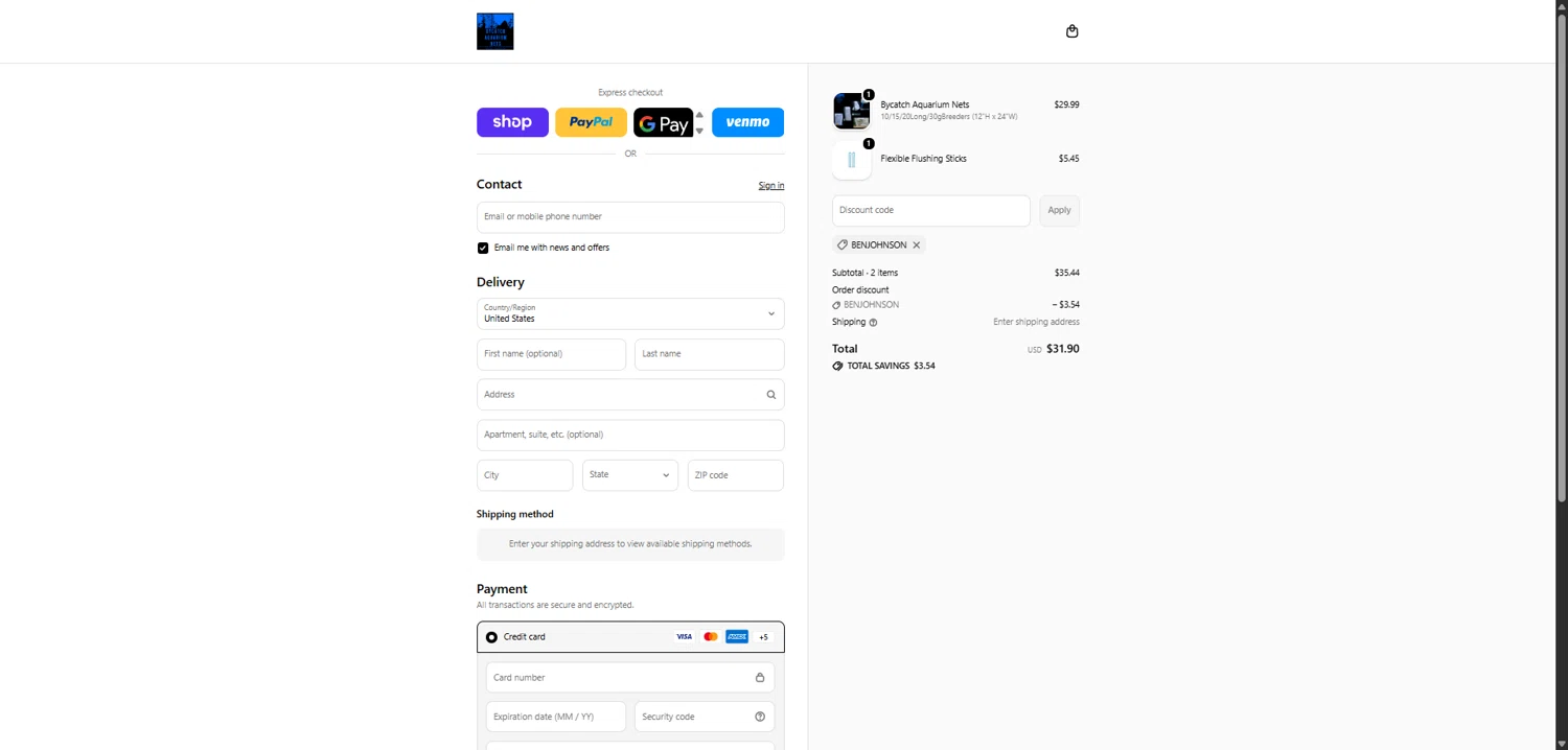 Bycatch Aquarium Nets promo code screenshot showing code BENJOHNSON applied at Bycatch Aquarium Nets checkout page. Uploaded by SimplyCodes community member MACKter54644 on Feb 27, 2026