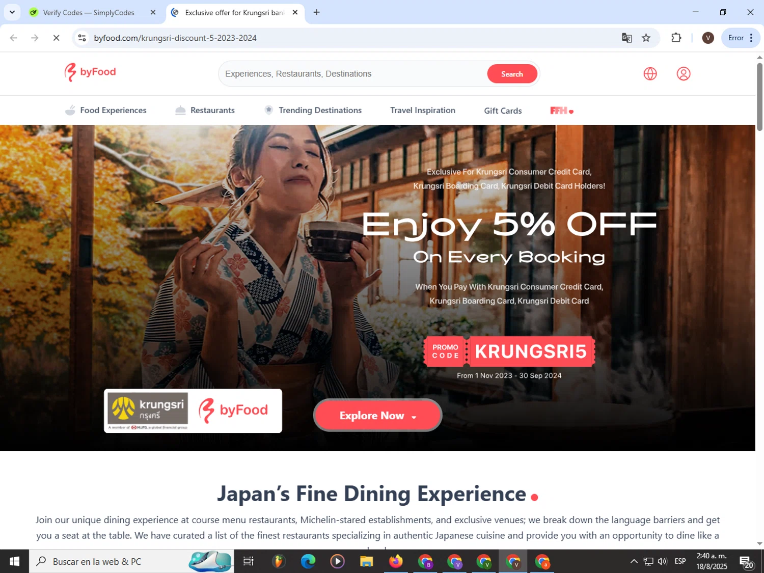 ByFood promo code screenshot showing code KRUNGSRII5 applied at ByFood checkout page. Uploaded by SimplyCodes community member CashLion3448 on Aug 18, 2025
