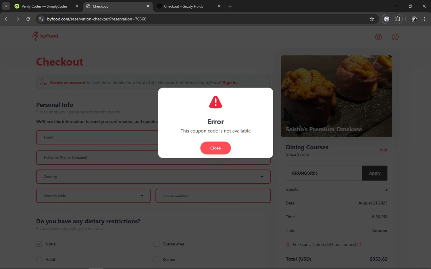 ByFood promo code screenshot showing code KRUNGSRII5 applied at ByFood checkout page. Uploaded by SimplyCodes community member ELMARRON on Aug 18, 2025