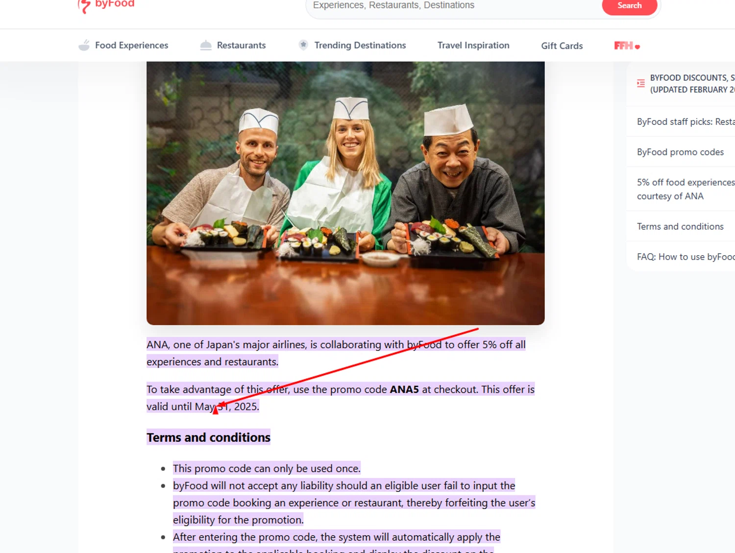 ByFood promo code screenshot showing code ANA5 applied at ByFood checkout page. Uploaded by SimplyCodes community member usermariee on Dec 19, 2025