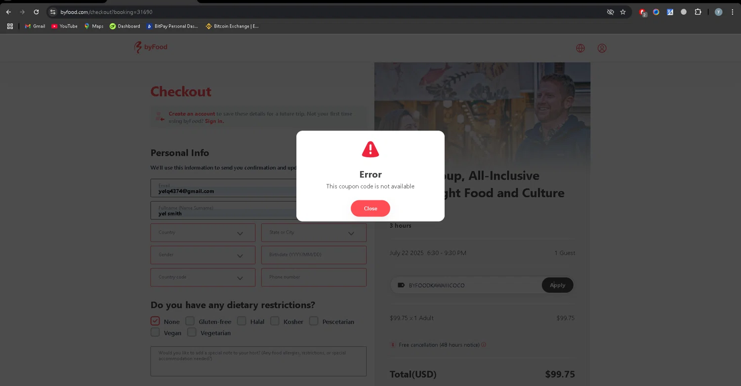 ByFood promo code screenshot showing code BYFOODKAWAIIICOCO applied at ByFood checkout page. Uploaded by SimplyCodes community member YJMQ95 on Jul 21, 2025