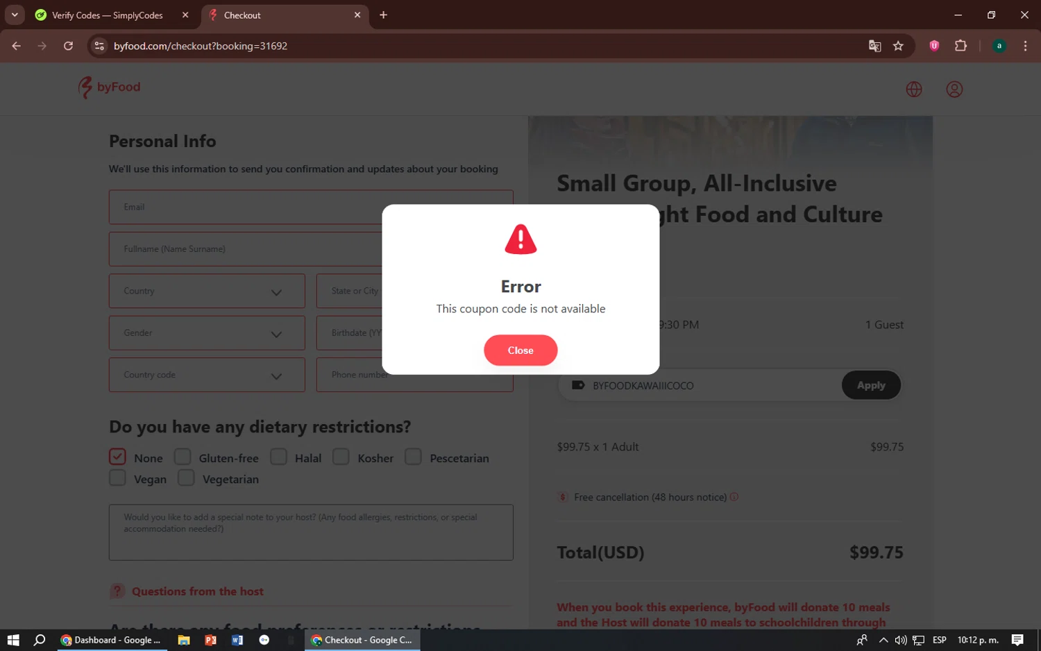 ByFood promo code screenshot showing code BYFOODKAWAIIICOCO applied at ByFood checkout page. Uploaded by SimplyCodes community member zizu55 on Jul 21, 2025