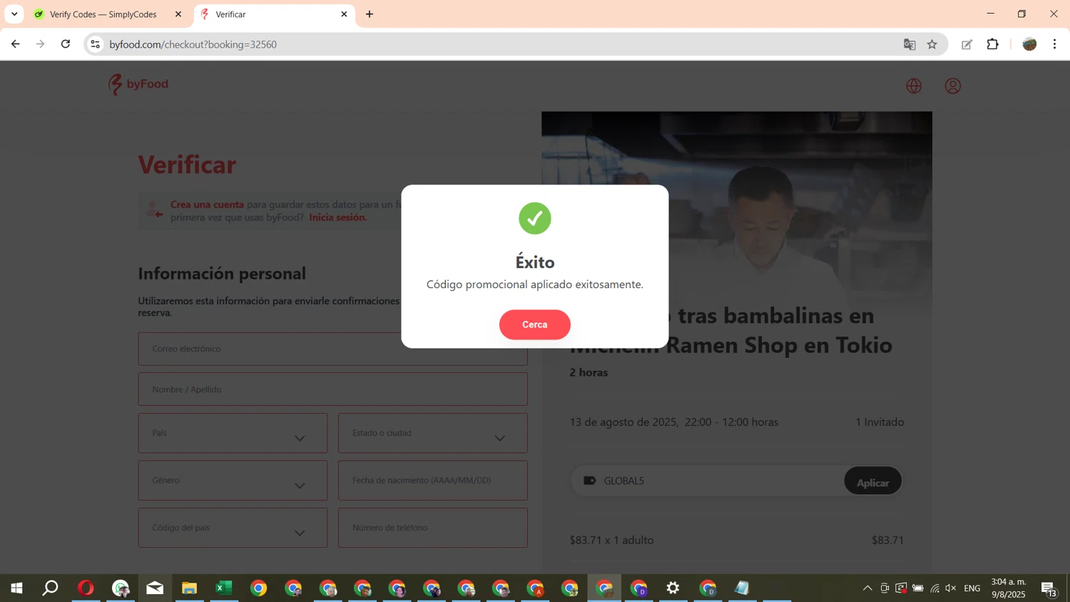 ByFood promo code screenshot showing code GLOBAL5 applied at ByFood checkout page. Uploaded by SimplyCodes community member FundoEsperanza on Aug 9, 2025