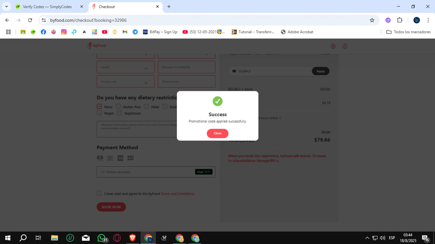 ByFood promo code screenshot showing code GLOBAL5 applied at ByFood checkout page. Uploaded by SimplyCodes community member SunJinWoo on Aug 18, 2025