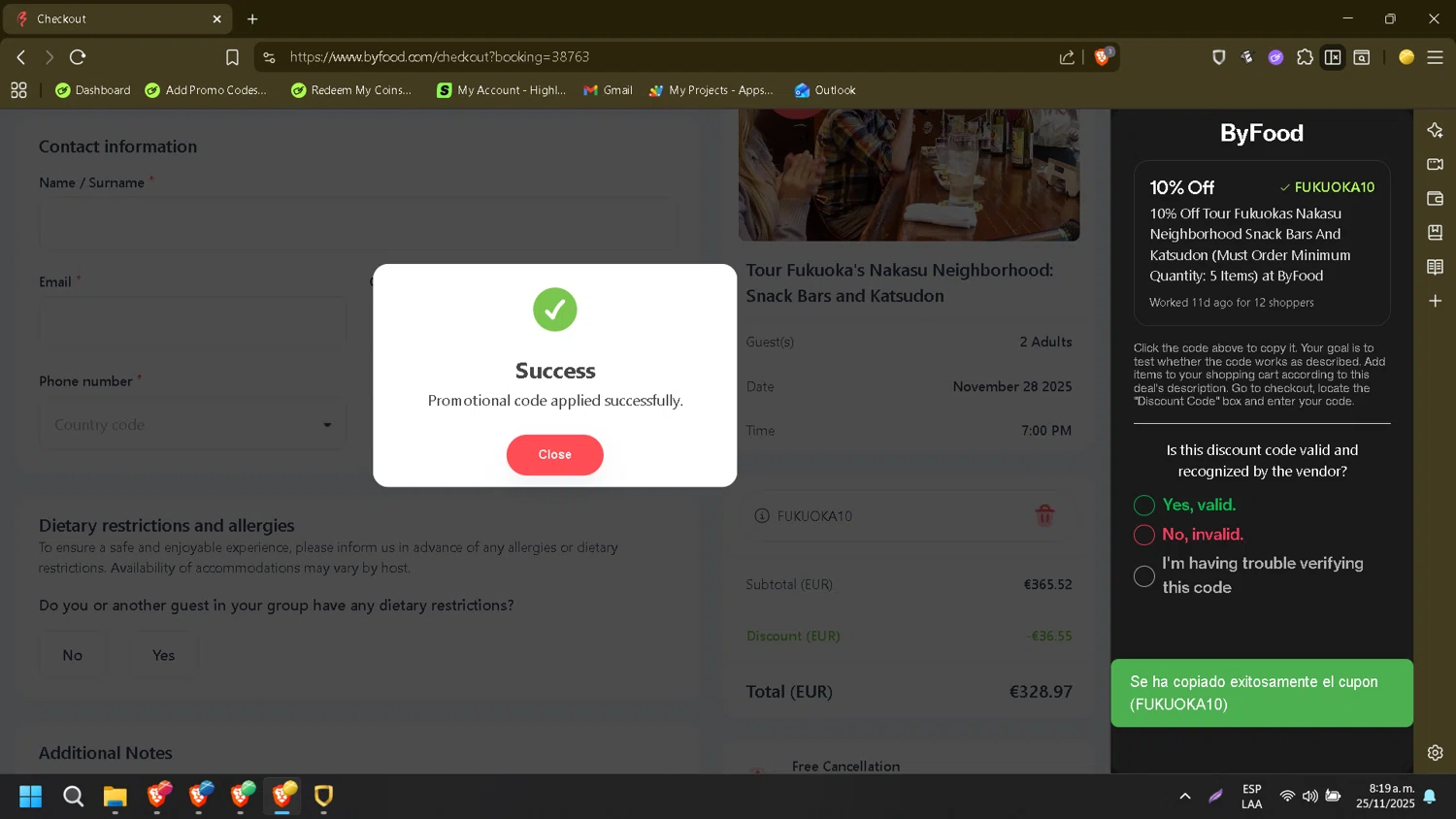 ByFood promo code screenshot showing code FUKUOKA10 applied at ByFood checkout page. Uploaded by SimplyCodes community member CleverMonarch8868 on Nov 25, 2025