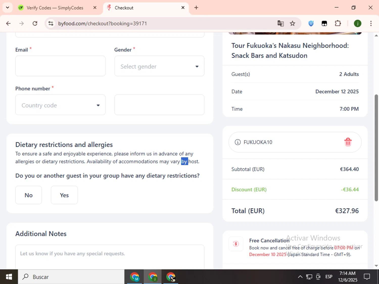ByFood promo code screenshot showing code FUKUOKA10 applied at ByFood checkout page. Uploaded by SimplyCodes community member SavingsCollector2592 on Dec 6, 2025