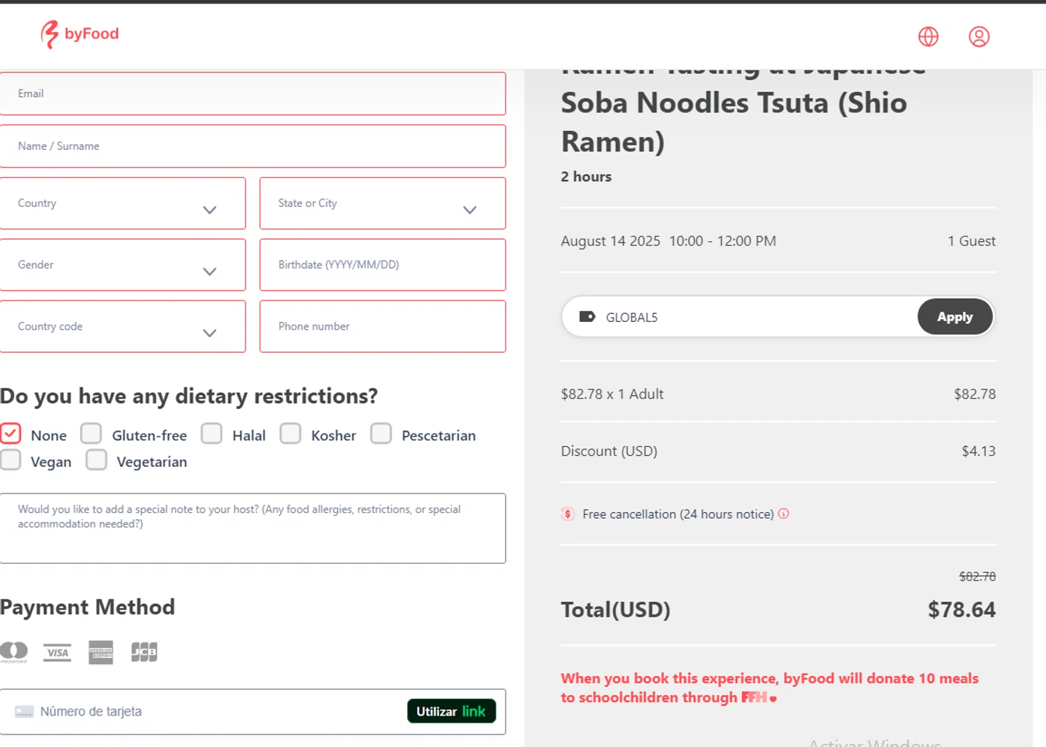 ByFood promo code screenshot showing code GLOBAL5 applied at ByFood checkout page. Uploaded by SimplyCodes community member LALOCOMOTORA10 on Jul 31, 2025