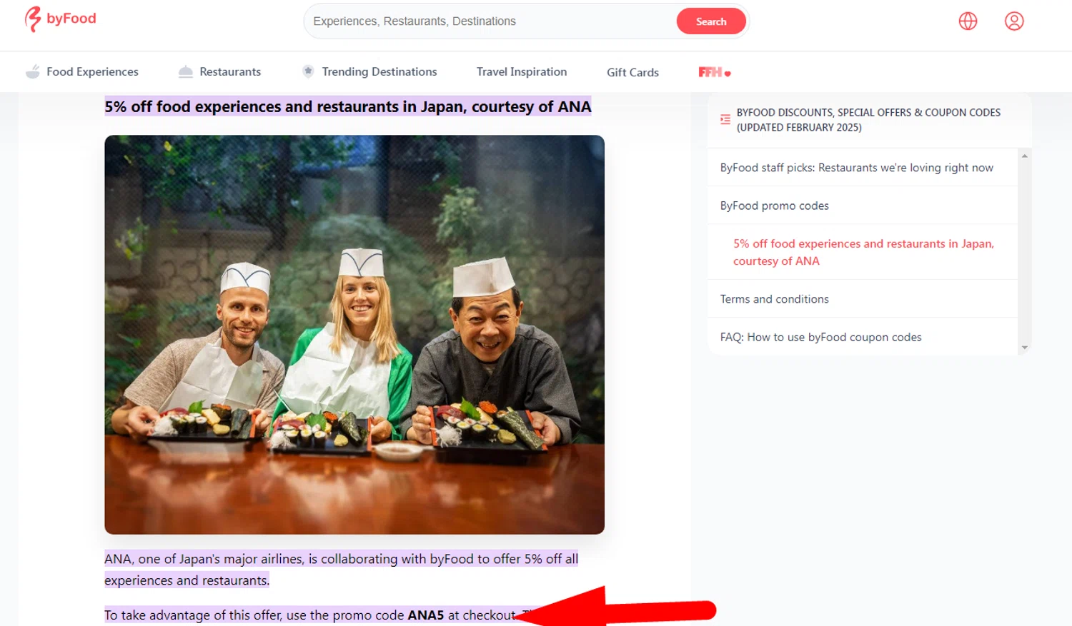 ByFood promo code screenshot showing code ANA5 applied at ByFood checkout page. Uploaded by SimplyCodes community member Enamorado on Jan 16, 2026
