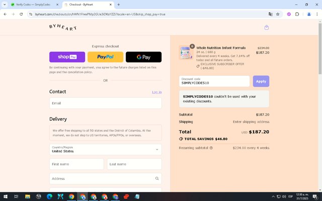 ByHeart checkout page showing ByHeart discount code box | Screenshot taken by SimplyCodes community member on Jul 31, 2025