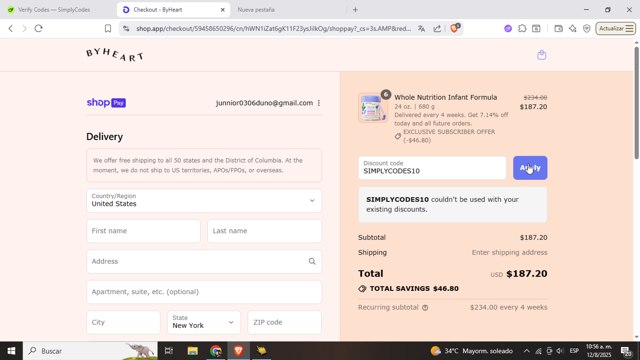ByHeart checkout page showing ByHeart discount code box | Screenshot taken by SimplyCodes community member on Aug 12, 2025