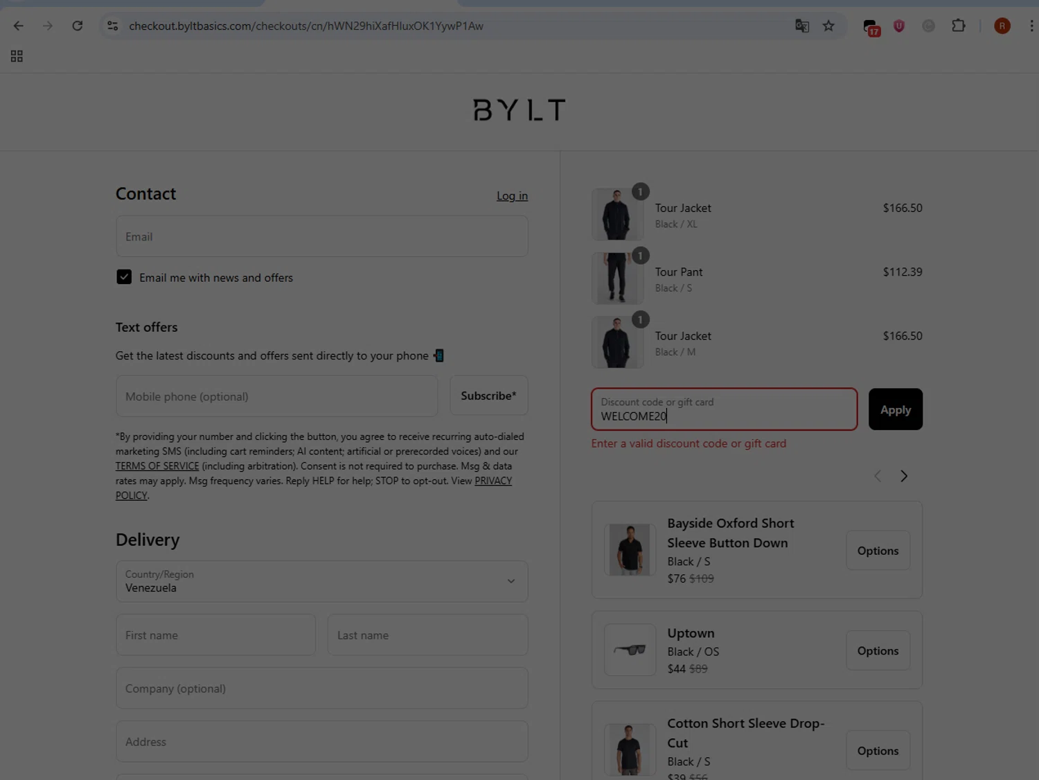 BYLT Basics discount code screenshot showing code WELCOME20 applied at BYLT Basics checkout page. Uploaded by SimplyCodes community member ShieldMonarch1065 on Aug 24, 2025