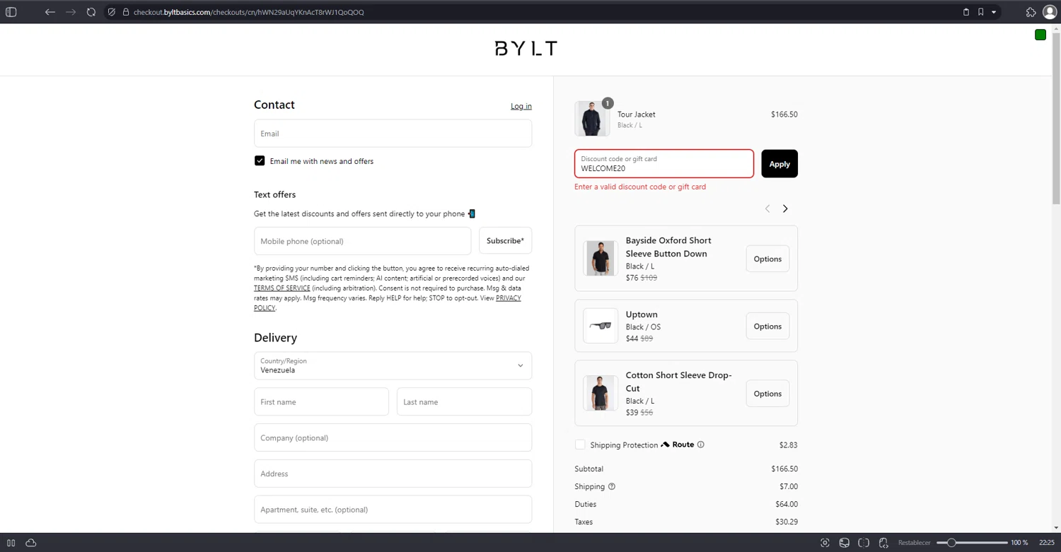BYLT Basics discount code screenshot showing code WELCOME20 applied at BYLT Basics checkout page. Uploaded by SimplyCodes community member anthonyramirez1 on Aug 24, 2025