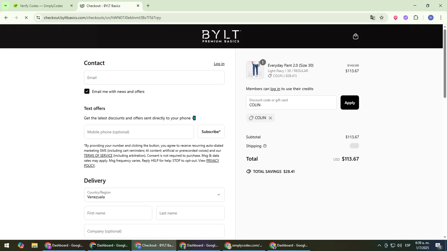 BYLT Basics discount code screenshot showing code COLIN applied at BYLT Basics checkout page. Uploaded by SimplyCodes community member QuestDefender2661 on Jul 1, 2025