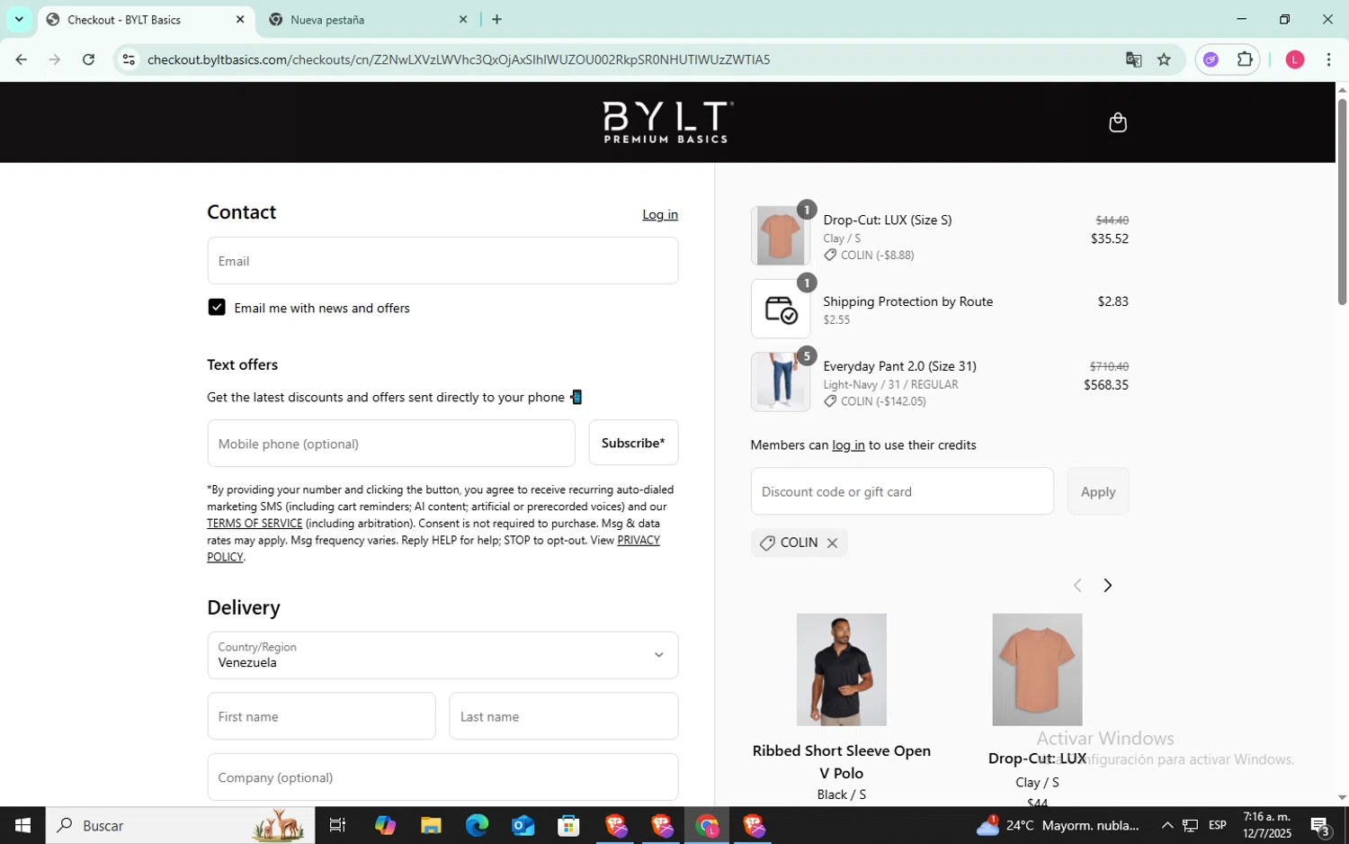 BYLT Basics discount code screenshot showing code COLIN applied at BYLT Basics checkout page. Uploaded by SimplyCodes community member SilverFox3257 on Jul 12, 2025