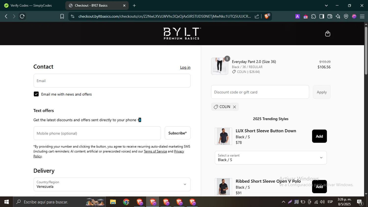 BYLT Basics discount code screenshot showing code COLIN applied at BYLT Basics checkout page. Uploaded by SimplyCodes community member PrimeWhiz4850 on May 8, 2025