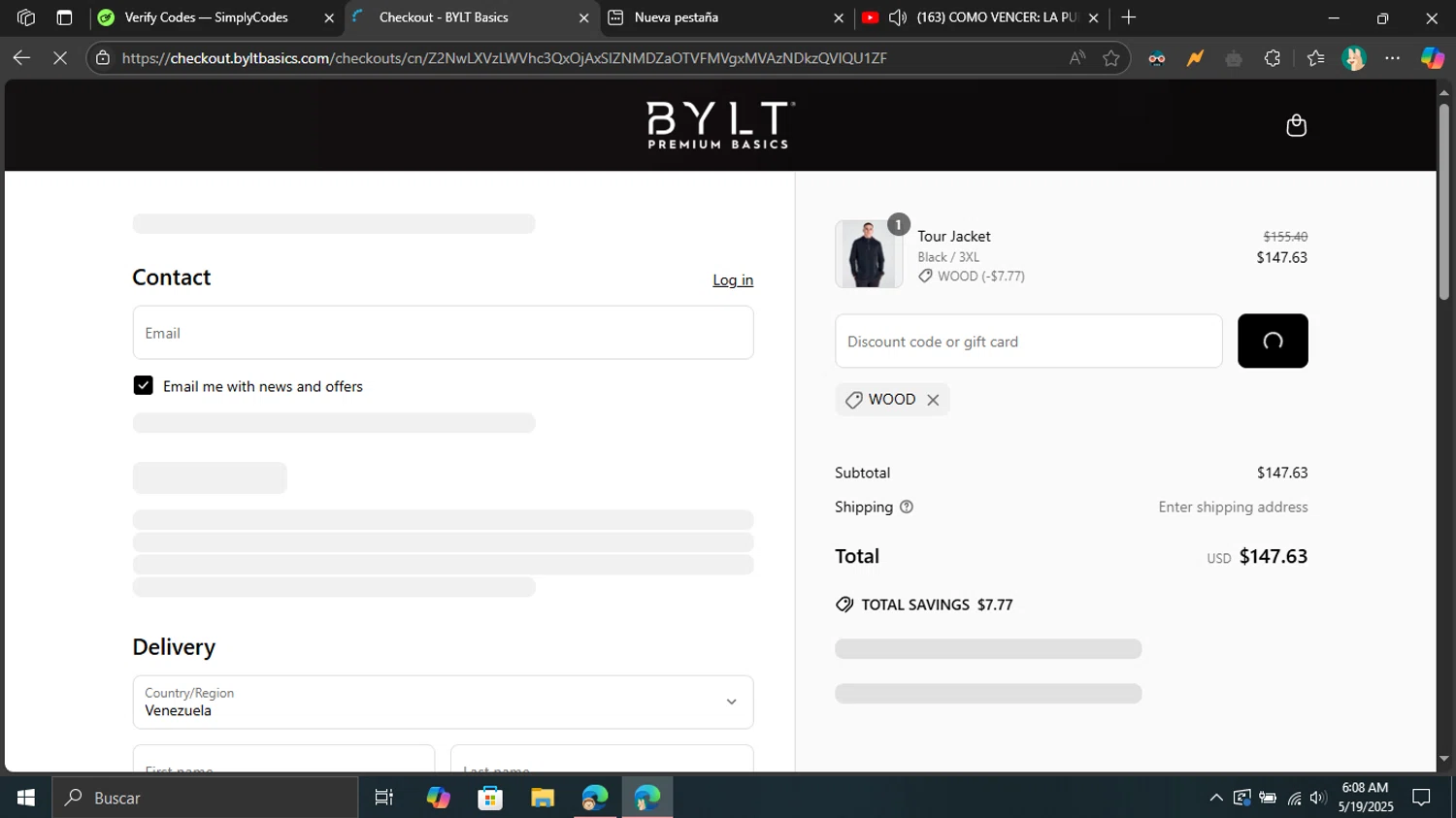 BYLT Basics discount code screenshot showing code WOOD applied at BYLT Basics checkout page. Uploaded by SimplyCodes community member Don_Quixote on May 19, 2025