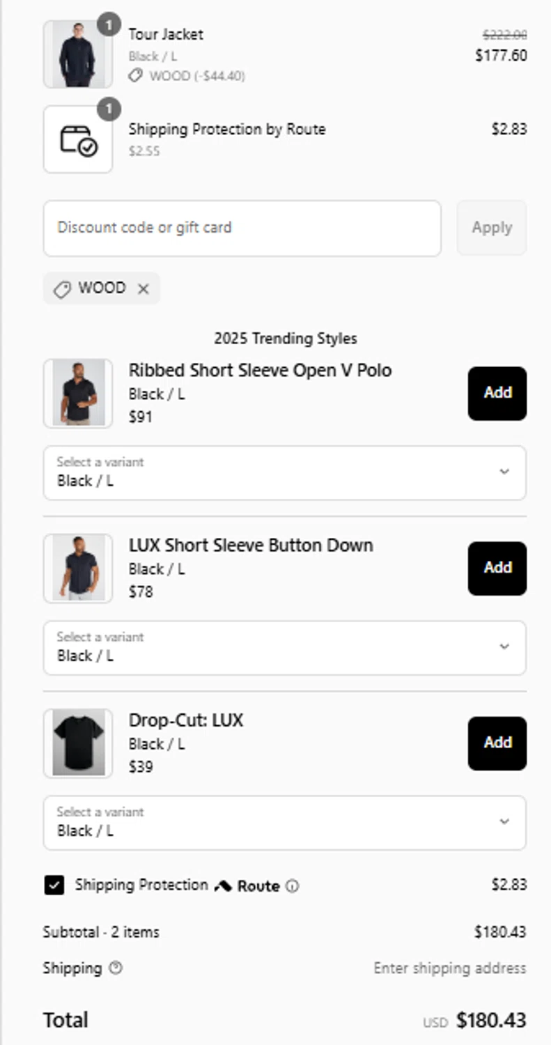 BYLT Basics discount code screenshot showing code WOOD applied at BYLT Basics checkout page. Uploaded by SimplyCodes community member FortunateScholar5901 on May 30, 2025