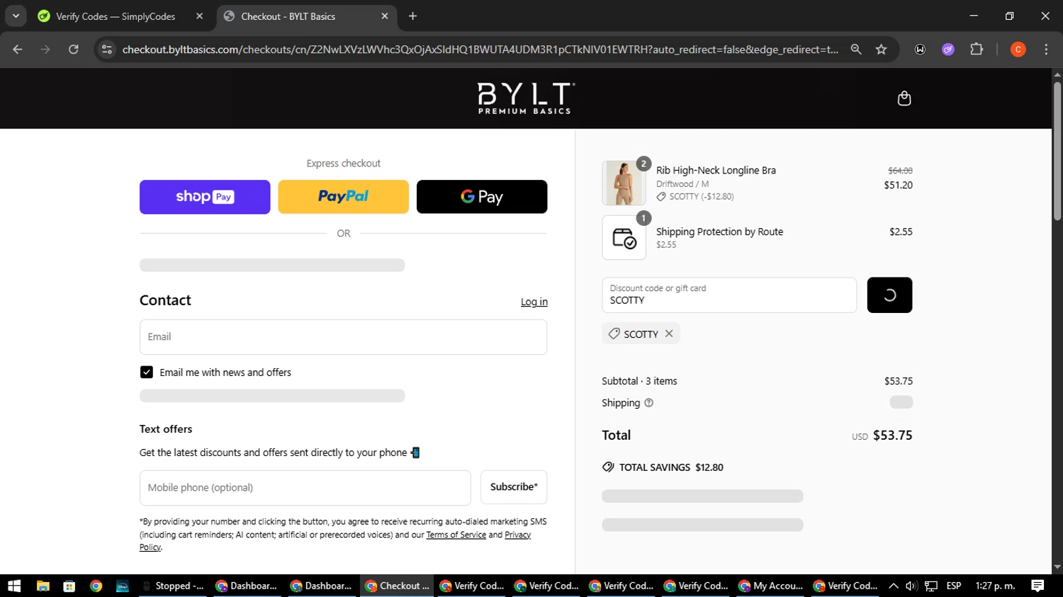 BYLT Basics discount code screenshot showing code SCOTTY applied at BYLT Basics checkout page. Uploaded by SimplyCodes community member NatanaelCano on Jun 12, 2025