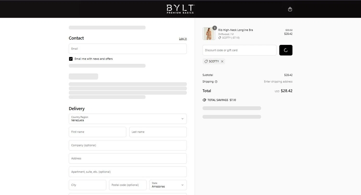 BYLT Basics discount code screenshot showing code SCOTTY applied at BYLT Basics checkout page. Uploaded by SimplyCodes community member VictoriousSpotter2855 on Jun 12, 2025