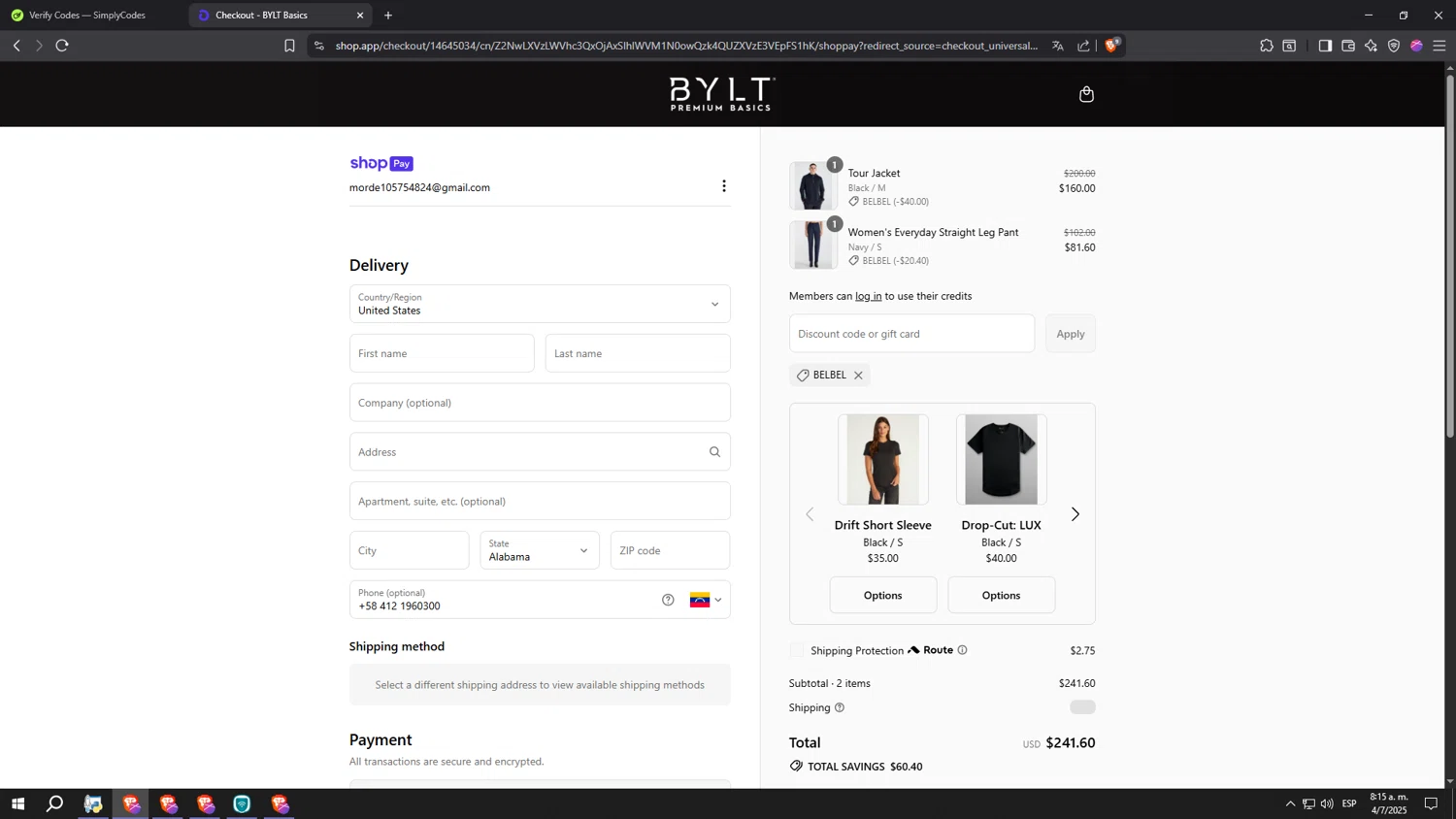 BYLT Basics discount code screenshot showing code BELBEL applied at BYLT Basics checkout page. Uploaded by SimplyCodes community member SpeeDFast on Jul 4, 2025