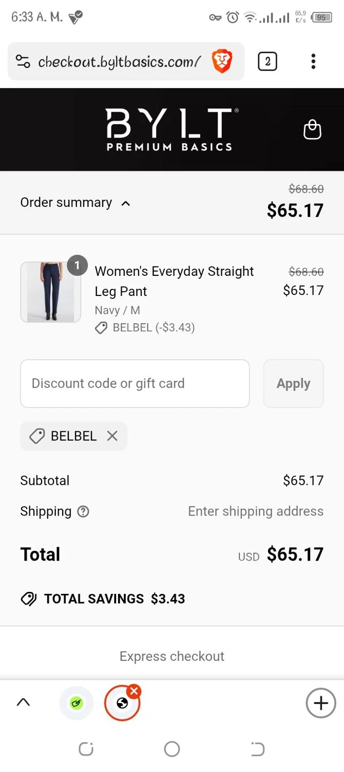 BYLT Basics discount code screenshot showing code BELBEL applied at BYLT Basics checkout page. Uploaded by SimplyCodes community member Navarro10 on May 19, 2025