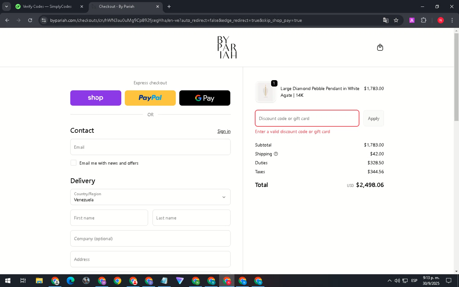 By Pariah promo code screenshot showing code WELCOME10 applied at By Pariah checkout page. Uploaded by SimplyCodes community member FortunateVirtuoso9599 on Oct 1, 2025