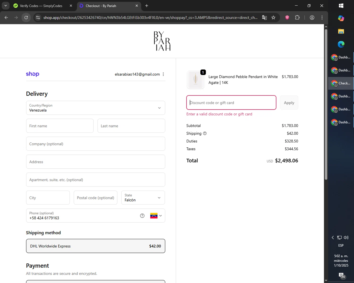 By Pariah promo code screenshot showing code WELCOME10 applied at By Pariah checkout page. Uploaded by SimplyCodes community member PromoScout8746 on Oct 1, 2025