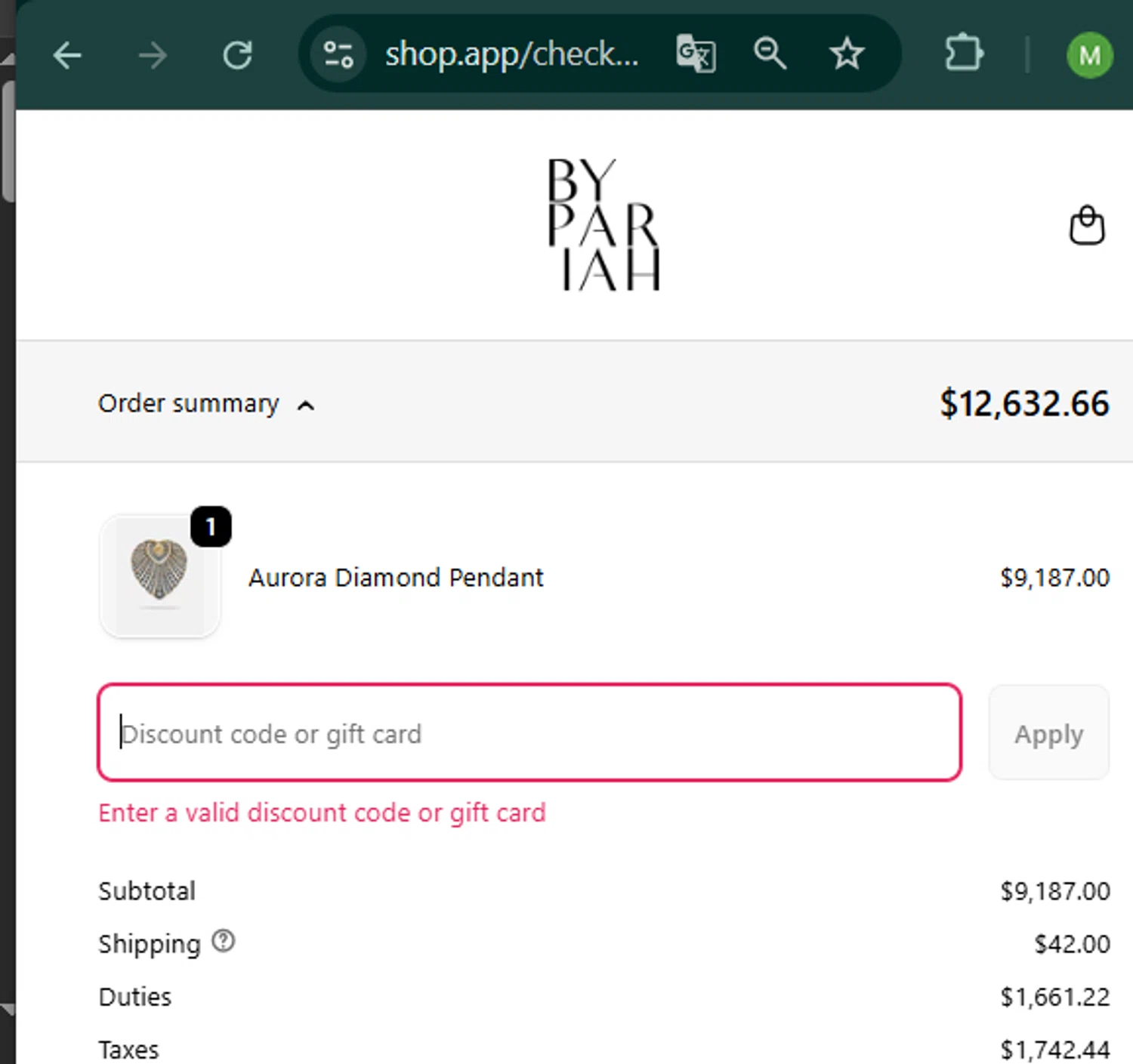 By Pariah promo code screenshot showing code meredith10 applied at By Pariah checkout page. Uploaded by SimplyCodes community member MARCVH on Oct 1, 2025