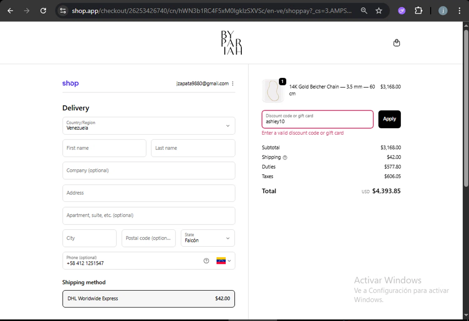 By Pariah promo code screenshot showing code ashley10 applied at By Pariah checkout page. Uploaded by SimplyCodes community member VictoriousCurator5776 on Oct 1, 2025